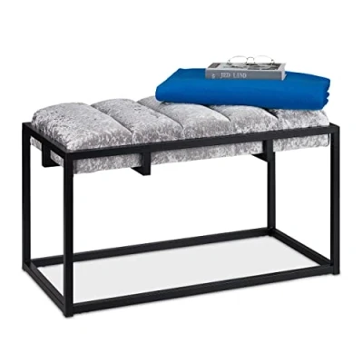 Imagen de Relaxdays Banco Tapizado Terciopelo, para Recibidor, Pasillo, Pie de Cama, Descalzadora Vestidor, 47x80x40cm, Gris/Negro
