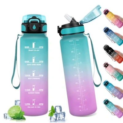 Imagen de Botella Agua 1 litro, Marcador Tiempo, de con Pajita, Prueba Fugas, Reutilizable Cantimplora para Adulto, Colegio, Gimnasio, Oficina, Bicicleta, Gym, Fitness，Running