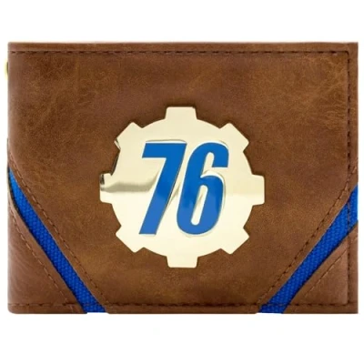 Imagen de Fallout 76 Insignia de Metal Dorado Vault Tec con Emblema Cog Billetera Bi Fold para identificación y Titular Tarjetas, Marrón, Talla única, Color Taille Unique, Único