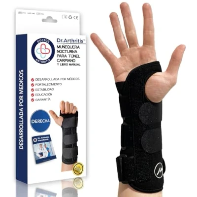 Imagen de Dr. Arthritis Muñequera Túnel Carpiano con Férula Desarrollada por Médicos Tendinitis Muñeca Nocturna Ajustable a Cualquier Tamaño Para Mano Derecha Libro Manual Incluido