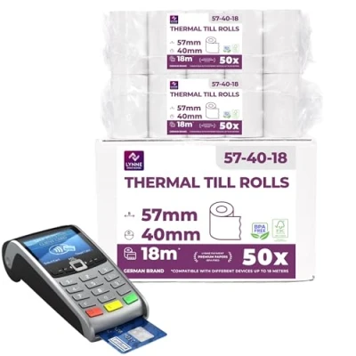Imagen de Papel térmico 57mm x 18m 12mm ideal para máquinas de tarjetas Crédito Rollos todos los TPV y las impresora térmica (57x40x12) Blanco Sin BPA (50 Rollos)