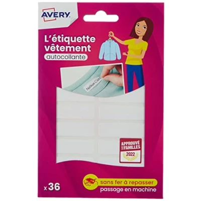 Imagen de AVERY Etiquetas autoadhesivas para ropa Lote de 108 (3 bolsas 36) 45 x 13 mm Blancas y personalizables