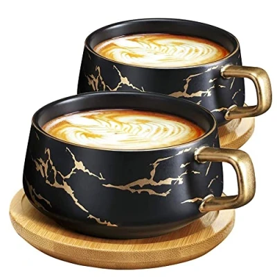 Imagen de VETIN 2 tazas de capuchino con plato, taza mármol, 300 ml, café porcelana para té, café, capuchino, disco madera (negro * 2)
