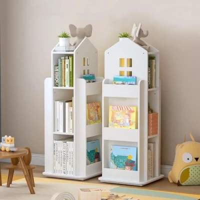 Imagen de tonchean Estantería giratoria de 3 niveles con forma castillo para niños, color blanco, estante almacenamiento libros, juegos, juguetes, sala dormitorio