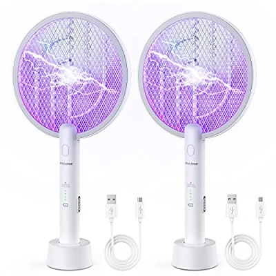 Imagen de PALONE 2 PCS Mata Mosquitos Electrico, Raqueta Electrica Ecargable por USB, e Insectos Voladores, para Interiores y Exteriores (Blanco)