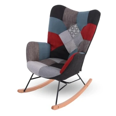 Imagen de MEUBLE COSY Silla Mecedora Sillón de Relax Especial Lactancia Butaca Acolchada con reposabrazos, Respaldo Alto, Tela Patchwork Patas Madera Metal, para salón, Dormitorio