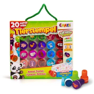 Imagen de CRAZE TIERSTEMPEL, 20 Sellos de Animales para niños, infantiles colores, Aprende los animales, 6 Colores Disponibles, Incluye Bloc Notes pintar