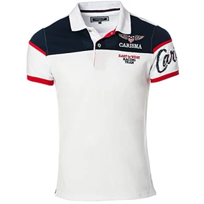 Imagen de Carisma Polo de manga corta para hombre, 100 % algodón, con bordado, corte regular la oficina y el tiempo libre., Blanco, M