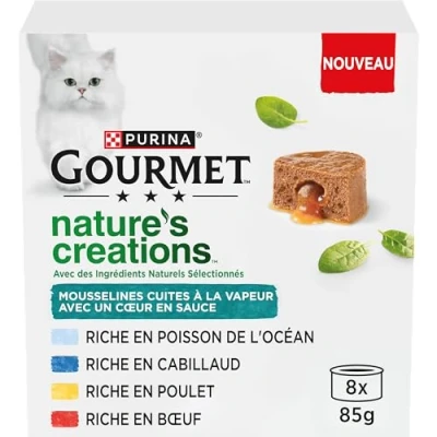 Imagen de GOURMET Nature&#039;s Creations, Gato, Muselinas Corazón en Salsa, Pollo Zanahorias, Terneras Tomates, Pescado del OcéanoEspinacas, Cabillaud Chirivía, 8x85g