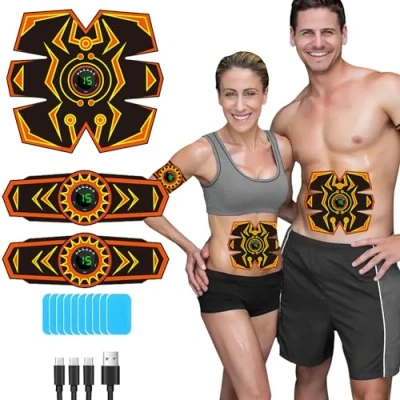 Imagen de SEVEKO Electroestimulador Muscular, Abdominales Electroestimulacion, EMS Estimulador Abdominal, 6 Modos y 15 Intensidades, 10 Almohadillas De Repuesto