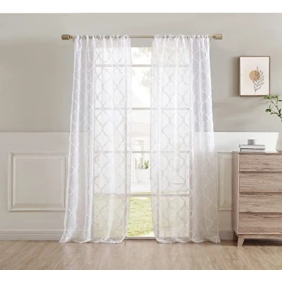 Imagen de Laura Ashley Berwyn Cortinas traslúcidas de celosía con Bolsillo para Barra, Cada Panel Mide 38 Pulgadas Ancho x 96 Largo, Color Blanco, 2 Paneles