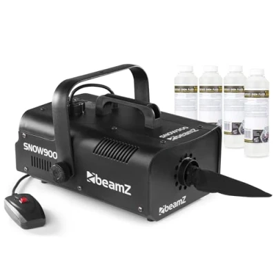 Imagen de BeamZ SNOW900 máquina de nieve 900 W con control remoto, soporte colgante y 4 concentrados líquido para preparar 20 litros artificial, ideal Navidad fiestas