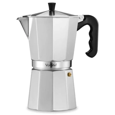 Imagen de VonShef Cafetera Italiana de 12 Tazas Moka Aluminio 600 ml Tradicional para Cocinas Gas y Eléctricas Incluye Filtro Junta Repuesto