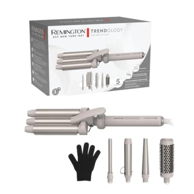 Imagen de Remington rizador de pelo 5in1 [3 accesorios 13 25 mm, pelo, cepillo redondo] Trendology (pantalla LED 130C 210C, ondas, rizos naturales, definidos, todo tipo cabello) CI41MS5E51