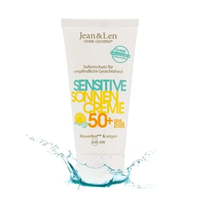 Imagen de Jean &amp; Len Crema Solar Sensitive 50+ SPF resistente al agua, protección para pieles sensibles, sin siliconas ni nanopartículas, octocrileno, microplásticos, fragancias y colorantes, vegano, 50 ml