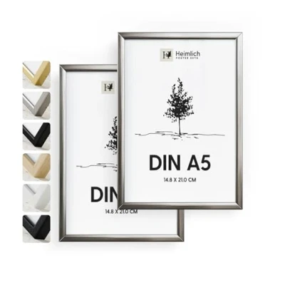 Imagen de Heimlich® 2xMarco de fotos A5 Aluminio Plateado marcos cuadros Vidrio Acrílico Irrompible Grano Visible Duradero Fácil Colgar Para Decoración Pared y Hogar marco