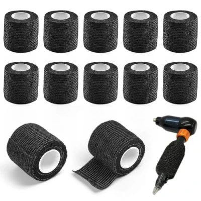 Imagen de mizikuu 12 Piezas Cubierta De Agarre Tatuaje, Cinta Tatuaje 5cm x 4,5m Vendaje Adhesivo Tubo Mango Para Accesorios Máquina Negro