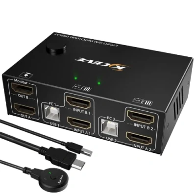 Imagen de HDMI KVM Switch 2 Monitores 4K@60Hz, MLEEDA USB Extended Display Switcher para Computadoras Comparte y 4 Hubs 2.0, Controlador de Escritorio Cables Incluidos