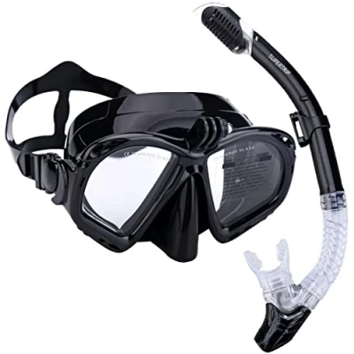 Imagen de Supertrip Premium Snorkel Set máscara de buceo para adultos con 2 boquillas. gopro soporte cámara, negro