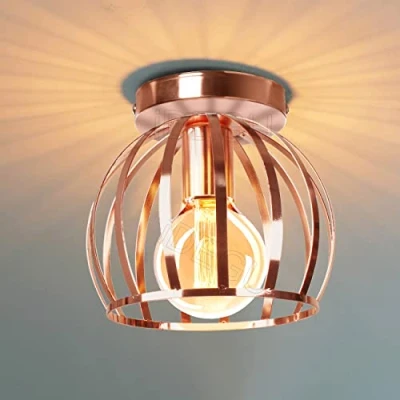 Imagen de iDEGU Lámpara de Techo Industrial Metal Diseño Jaula Geométrico Iluminación E27 Colgante Vintage para Dormitorio Salón Café Restaurante Pasillo (20cm, Oro Rosa)