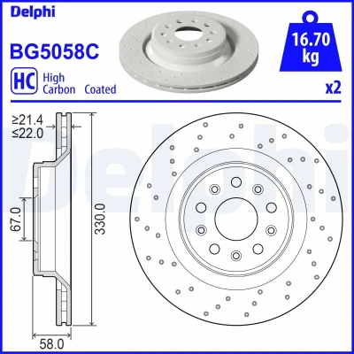 Imagen de DELPHI Disco de freno MASERATI: Levante SUV 330mm 22mm 5 ventilado, perforado BG5058C Discos freno,