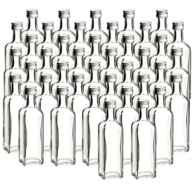 Imagen de gouveo Juego de 40 botellas cristal Maraska 60 ml con tapón rosca plateado mini botella 0,06 l para rellenar licor, aceite o como regalo (MFET060S)