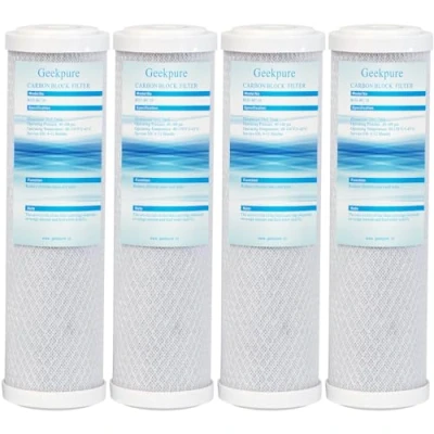 Imagen de Geekpure Cartucho de filtro agua bloque carbono coco 5 micrón, 2,5 pulgadas x 10 pulgadas, elimina el sabor del cloro, paquete 4