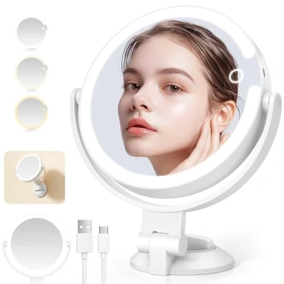 Imagen de NIBSHOOM Espejo Maquillaje con Luz, de Aumento LED 1x/10x, Maquilhagem Regulable en 3 Colores Luces, Giratorio 360, Ducha Ventosa para Baño, 7 Pulgadas