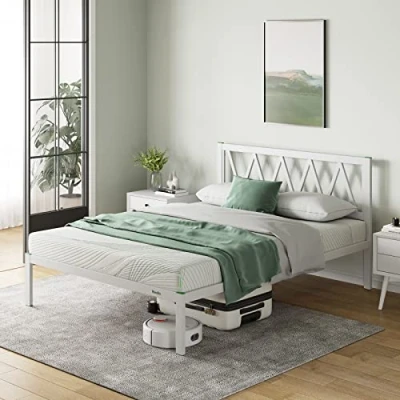 Imagen de Novilla Marco de Cama Metal con Listones Madera para Dormitorio, Blanco, King Size