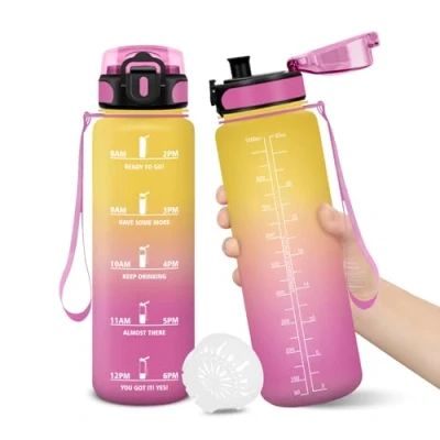 Imagen de Botella Agua, 1000ML Libre de BPA, Agua Gimnasio, Diseño Cerradura a Prueba Fugas, Botellas Con Marca Tiempo, para Niños Yoga, Camping AmarilloRosa
