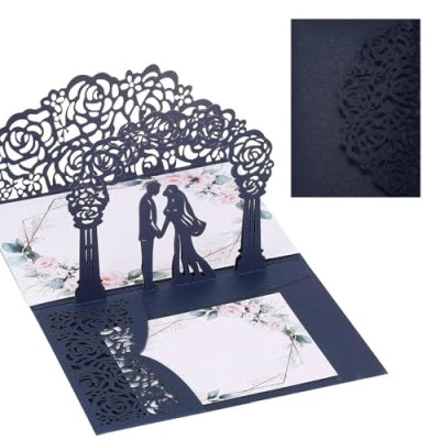 Imagen de AIYONG Tarjeta de Felicitación Boda, San Valentín con Sobre, Pop Up Boda Invitación para Cumpleaños, Día Valentín, Aniversario (Azul)