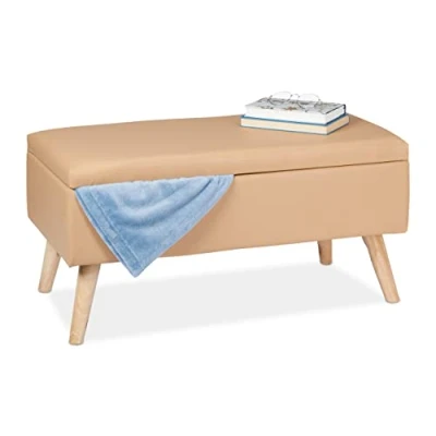 Imagen de Relaxdays Panca contenitore in similpelle Banco Almacenamiento 40 L, Acolchado, Patas de Madera, Cuero Sintético, x 80 39,5 cm, Asiento Baúl, Beige