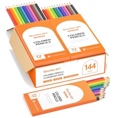 Imagen de Shuttle Art 144 lápices de colores a granel, 12 surtidos, paquete 12, resistentes la rotura, preafilados para niños, suministros escolares