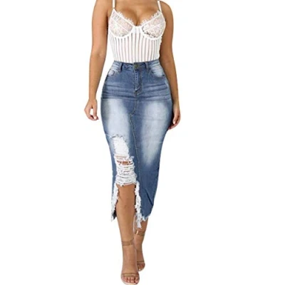 Imagen de Faldas de Jeans para Mujer Verano Talla Grande Mezclilla Estilo Callejero dañado Cintura Alta