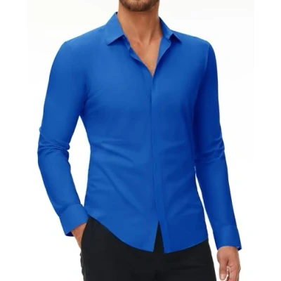 Imagen de DEMEANOR camisa elástica de manga larga para hombre, corte ajustado, negocios, sin planchado, informal azul, XXL