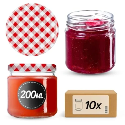 Imagen de KADAX Tarros Pequeños de 200 ml, Botes Cristal con Tapa Hermética 66 mm para Miel, Conservas, Especias y Mermeladas (10 Unidades, Cuadros Rojos)