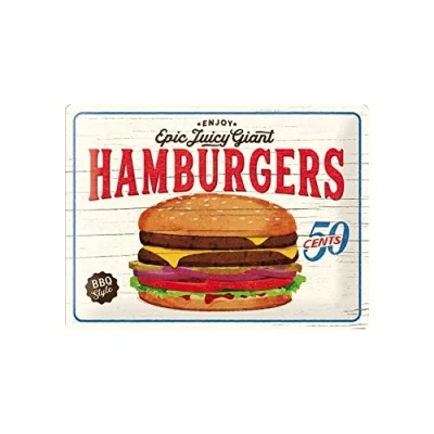 Imagen de Nostalgic Art Cartel de Chapa Retro USA Hamburgers Idea Regalo para la Cocina, metálico, Diseño Vintage decoración Pared, 30 x 40 cm
