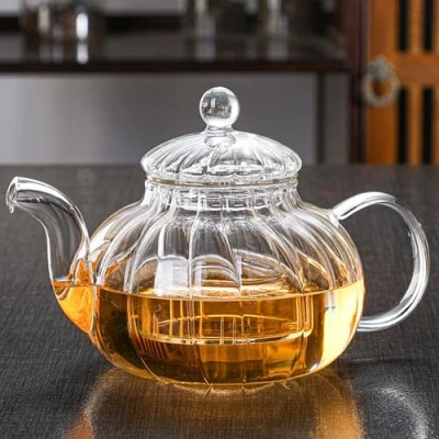 Imagen de YUEMING Tetera de vidrio, y Juego té a rayas con forma calabaza, filtrante 600ml