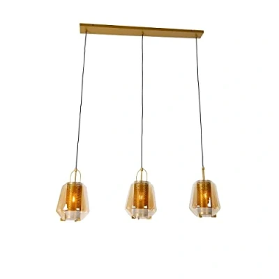Imagen de Qazqa Art Déco Lámpara colgante oro cristal ámbar 23 cm rectangular 3 luces Kevin/Acero Alargada Adecuado para LED Max. x 40 Watt