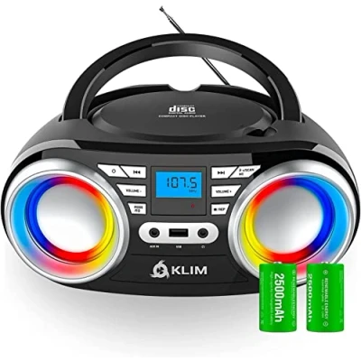 Imagen de KLIM Boombox B3 Reproductor de CD portátil + Radio FM, CD, MP3, Bluetooth, AUX, USB, LED RGB Inalámbrico con batería Recargable Lente láser Mejorada EQ Digital Versión 2024