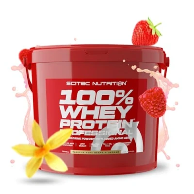 Imagen de Scitec Nutrition 100% Whey Protein Professional Mejorada con Aminoácidos Extra y Enzimas Digestivas Sin gluten aceite de palma, 5 kg, Vainilla frutas del bosque