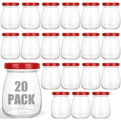 Imagen de CYEER Paquete de 20 tarros pequeños vidrio con tapas 100 ml, botellas chupito tapas, mini recipientes vidrio, leche, tazas pudín, ollas yogur para hacer yogur,