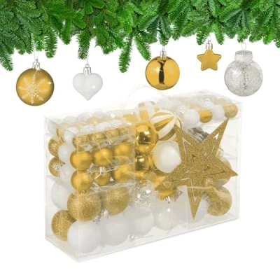 Imagen de Relaxdays Set 101 Bolas Árbol Navidad, Plástico, Adornos Navideños con Bolitas y Estrella, Decoración, Dorado/Blanco, Varios tamaños