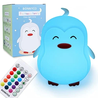 Imagen de BONNYCO Luz Nocturna Infantil Pingüino con Control Remoto y Táctil 16 Colores Lampara Bebe Temporizador Quitamiedos Silicona 100% Segura, Regalos para Niñas Niños