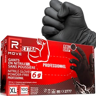 Imagen de R MOVE 100 guantes de nitrilo negros 6 gramos extra resistentes 60% más grosor en el dedo que 3,5 g. sin polvo, látex, para mecánicos, tatuadores, restaurantes, desechables (XL)
