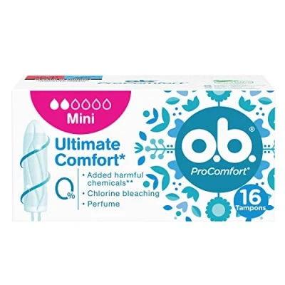 Imagen de o. b. ProComfort Ultimate Comfort Mini tampones sin sustancias químicas nocivas, blanqueamiento con cloro ni fragancia, aplicador, 16 unidades