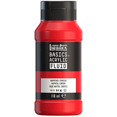 Imagen de Liquitex Basics Fluid Pintura acrílica de consistencia fluida, secado rápido, resistente a la luz, impermeable, acabado satinado permanente, bote 118 ml, Rojo naftol carmesí