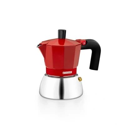 Imagen de Monix Induction Inox Cafetera Italiana de Aluminio y Acero Inoxidable, 3 tazas capacidad, Mango termorresistente, Fácil Lavar, Apta para todo tipo Cocinas incluida Inducción, color rojo