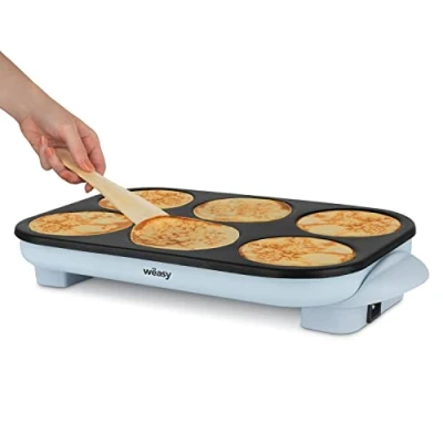 Imagen de Weasy GOO60 Maquina de Crepes Party, y Pancakes, 6 Compartimentos, Placa Antiadherente, Celeste, 1500w, Espatulas Madera