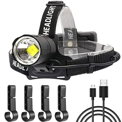 Imagen de WholeFire Linterna Frontal LED Alta Potencia 15000 Lúmenes, XHP70 Recargable USB 3 Modos Zoomable Impermeable con Batería para Interiores y Exteriores